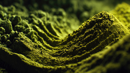 This image captures a close-up view of textured green powder, showcasing intricate surface patterns and dynamic shadows, ideal for artistic projects.の素材