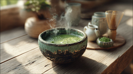 Experience the serene ambiance of a traditional matcha tea ceremony with steaming green tea in a rustic bowl, surrounded by calming elements.の素材