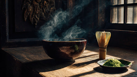 This image captures a tranquil moment in a traditional Japanese tea ceremony, featuring a matcha bowl, bamboo whisk, and soft smoke. The serene atmosphere highlights the art of preparation and the beauty of simplicity.の素材