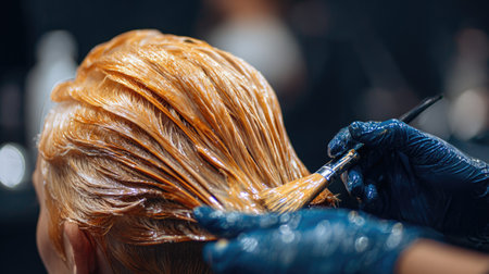 A skilled stylist applies hair color using a brush in a trendy salon. The vibrant orange hue displays artistry and professionalism in hair care.の素材