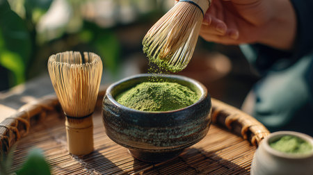 A person skillfully prepares matcha tea using a bamboo whisk, capturing the essence of a traditional Japanese tea ceremony filled with tranquility.の素材
