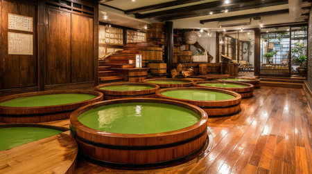 Experience the serene interior of a Japanese spa featuring wooden hot tubs filled with green water. This tranquil space promotes relaxation and wellness.の素材