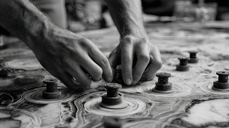 Close-up view of hands delicately placing objects on a stunning marble surface, highlighting the artistic process and attention to detail in black and white.の素材