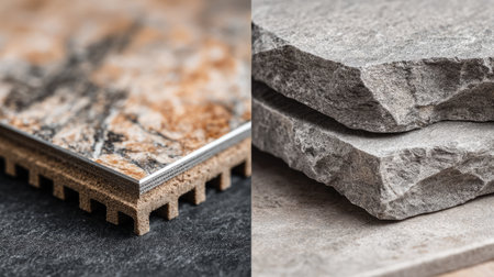 This image showcases a close-up comparison of modern textured stone materials, featuring a sleek tile and natural rock surfaces, ideal for design inspiration.の素材