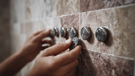 A close-up view showcasing hands adjusting temperature control knobs in a modern shower. The marble tiles create a luxurious backdrop, emphasizing relaxation and comfort in a contemporary setting.の素材