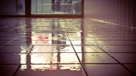A captivating view of a wet tile floor reflecting natural light, creating a serene atmosphere. Perfect for themes of cleanliness and modern interior design.の素材