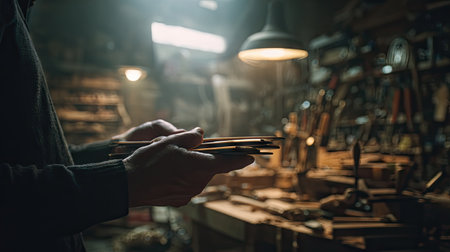 A detailed view of skilled hands working in a vintage woodworking workshop, surrounded by various tools, showcasing the art of craftsmanship and creativity.の素材