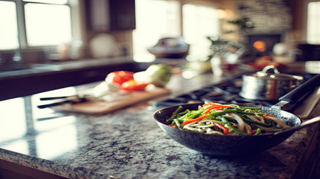 A vibrant bowl of fresh vegetables sits on a kitchen counter, showcasing the beauty of healthy cooking. The modern kitchen features warm lighting and organized tools, creating a welcoming atmosphere for meal preparation.の素材