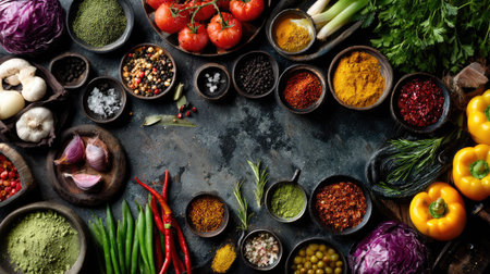 A stunning display of fresh vegetables, herbs, and spices arranged beautifully on a rustic background, perfect for culinary projects and inspirations.の素材