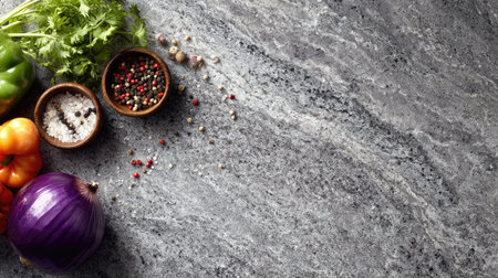 A beautifully arranged assortment of fresh vegetables and spices set on a textured granite countertop, perfect for culinary enthusiasts and food styling.の素材
