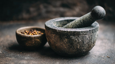 This image features a rustic stone mortar and pestle with herbs and spices arranged on a dark textured background, ideal for culinary and cooking-themed projects.の素材