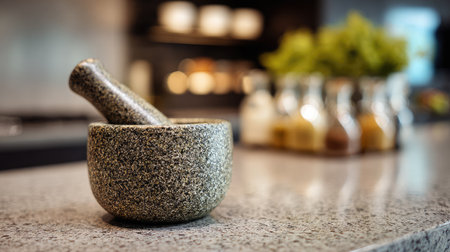 A beautifully crafted stone mortar and pestle sits on a polished kitchen countertop, showcasing an inviting cooking atmosphere with jars of spices and herbs.の素材