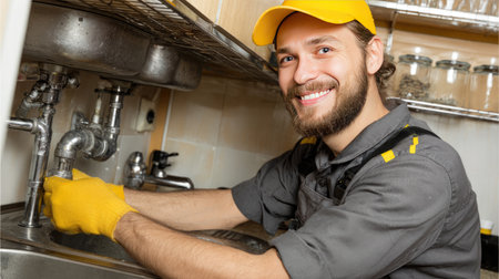 A cheerful plumber in a gray uniform and yellow gloves is repairing a sink in a bright kitchen. His smile reflects his dedication to quality home maintenance and service.の素材