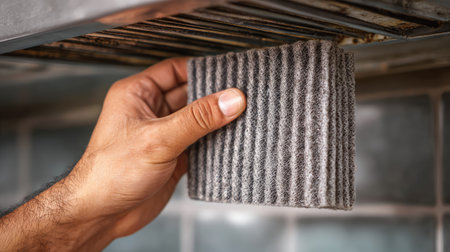 A close-up image of a hand holding a gray cleaning pad as it removes debris from a kitchen ventilation system, emphasizing the importance of regular maintenance in home hygiene.の素材