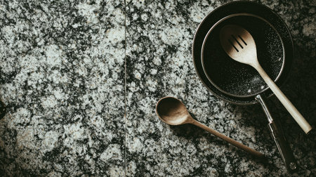 A beautiful overhead view of wooden kitchen utensils and a frying pan resting on a textured granite surface, perfect for food preparation and culinary creativity.の素材
