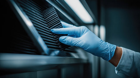 An individual wearing blue gloves focuses on replacing a filter in a modern air purification system, highlighting the importance of cleanliness and maintenance in indoor environments.の素材