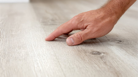 A close-up view of a hand gently touching a light wood floor, showcasing the texture and warmth of the surface in a modern interior space.の素材