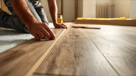 A skilled craftsman carefully installs a hardwood floor plank in a beautifully renovated home interior, showcasing precision and craftsmanship.の素材