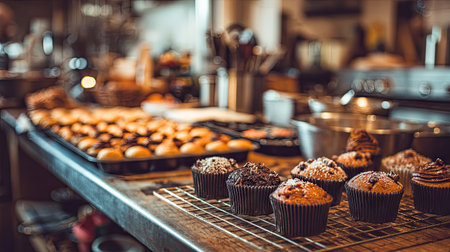 A delightful display of freshly baked cupcakes and muffins in a cozy bakery kitchen, featuring rustic decor and warm, inviting lighting. Perfect for food lovers.の素材