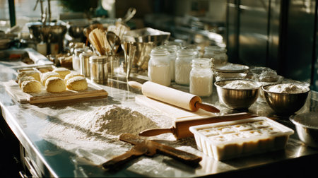 Capture the essence of baking as flour dusts the countertop, ingredients await preparation, and sunlight streams into a bustling kitchen space.の素材