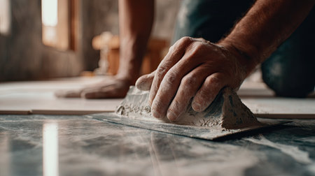 A close-up view of a skilled worker's hand applying finishing touches on flooring during a home renovation project, showcasing meticulous craftsmanship.の素材