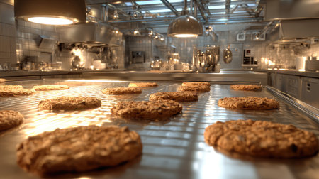 Freshly baked cookies rest on a steel tray, cooling in a bright, modern kitchen environment. The scene captures the warmth and delightful aroma of baking.の素材