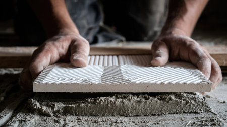 A skilled worker carefully places a white tile onto fresh mortar, demonstrating attention to detail and craftsmanship in a construction setting.の素材