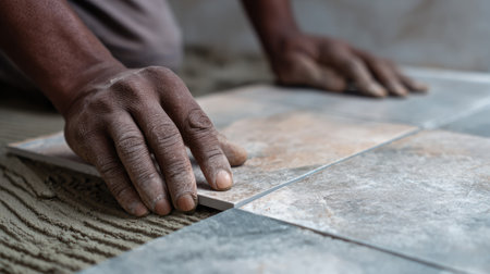 A skilled craftsman uses precise techniques to lay down floor tiles, showcasing attention to detail and quality craftsmanship in a renovation setting.の素材