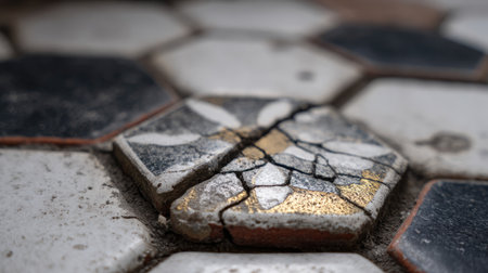 A captivating close-up of a cracked hexagonal tile showcasing intricate patterns and a touch of gold. This image captures the beauty of aged surfaces in urban spaces.の素材