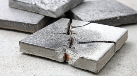 Close-up view of cracked concrete tiles arranged on a light surface, highlighting intricate textures and details suitable for design and construction themes.の素材