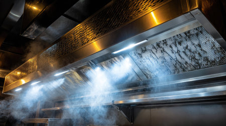 This image captures an industrial kitchen exhaust hood, illuminated with lights, surrounded by steam, showcasing a dramatic culinary environment suitable for chefs and food enthusiasts.の素材