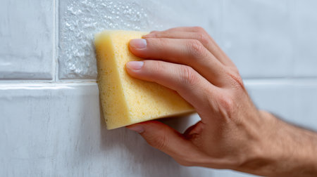 A close-up shot of a hand using a yellow sponge to clean a tile surface, demonstrating effective home maintenance and hygiene practices.の素材
