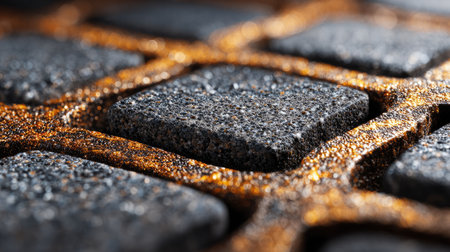 This close-up image features intricately textured paving stones, capturing the sparkling details illuminated by warm light. Perfect for design and architecture projects.の素材