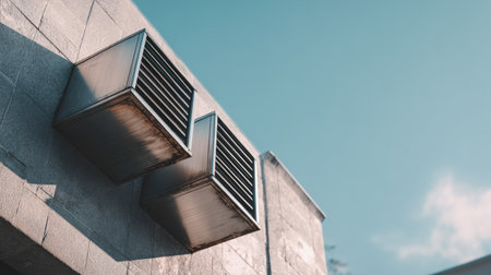 Two air conditioning units are mounted on a concrete wall, showcasing modern design against a bright blue sky, ideal for illustrating cooling solutions.の素材