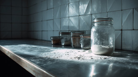 A rustic kitchen scene featuring glass jars filled with flour and baking ingredients, illuminated by soft natural light, creating a warm atmosphere.の素材