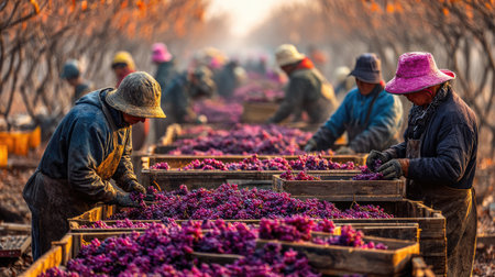 A vibrant scene depicting workers carefully harvesting fresh purple grapes in a vineyard under the soft glow of autumn sunlight. The busy farm setting highlights teamwork and dedication in agriculture.の素材