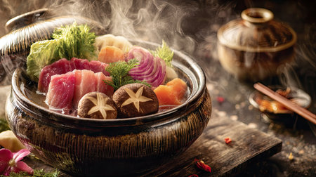 Experience the warmth and flavor of a steaming hot pot filled with fresh fish and colorful vegetables, perfect for an elegant dining experience.の素材