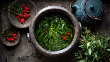 A captivating scene of herbal tea preparation featuring fresh herbs and vibrant berries in a rustic pot, showcasing the beauty of natural ingredients.の素材