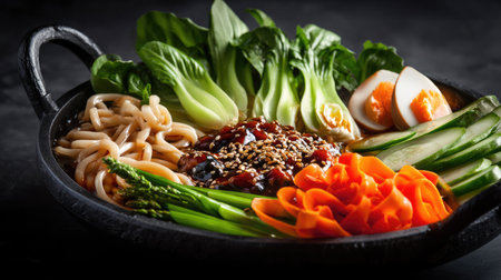 This vibrant Asian cuisine dish features an assortment of fresh vegetables, noodles, and a savory sauce, artfully arranged in a black bowl, perfect for healthy dining.の素材