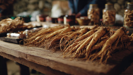 This image showcases fresh ginseng roots arranged meticulously on a wooden table in a rustic herbal shop, reflecting the essence of natural wellness and traditional herbal practices.の素材