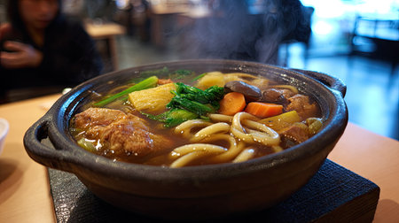 A steaming bowl of savory noodle soup featuring fresh vegetables and tender chicken, perfect for cozy meals in a vibrant restaurant atmosphere.の素材