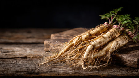 Fresh ginseng roots displayed on a rustic wooden surface highlight their natural beauty and health benefits for alternative medicine and wellness.の素材