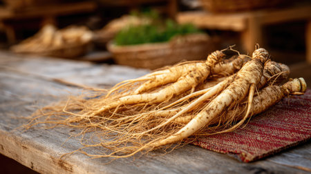 This image features freshly harvested ginseng roots on a rustic wooden table, highlighting their earthy textures and natural beauty in an organic setting.の素材