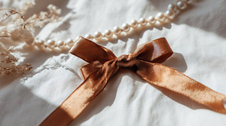A stunning close-up of an elegant satin ribbon bow resting on soft fabric, accompanied by delicate pearls and dried flowers, capturing a serene moment.の素材