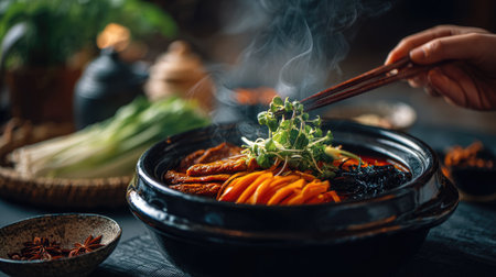 A mouthwatering Asian hot pot filled with colorful vegetables and herbs, steam gently rising as a hand uses chopsticks to serve, evoking warmth and flavor.の素材