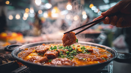 A captivating close-up showcase of a steaming hot pot filled with deliciously seasoned meat and fresh vegetables, captured in a vibrant food market setting.の素材
