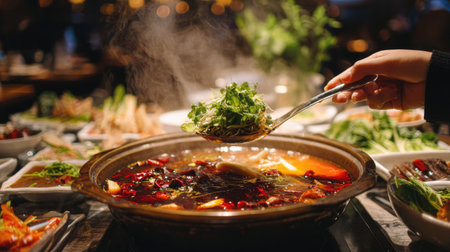 A vibrant scene depicting a steaming hot pot surrounded by fresh vegetables and herbs in a cozy dining setting, inviting culinary exploration.の素材