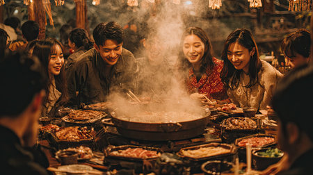 A lively group of friends gathers around a steaming hot pot in a cozy restaurant, sharing laughter and delicious food, celebrating their friendship and local cuisine.の素材