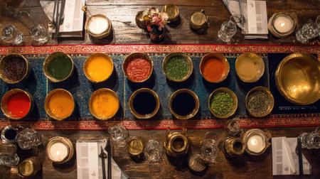 A stunning overhead view of various colorful spices and condiments arranged in bowls on a rustic wooden table, showcasing culinary artistry and vibrant ingredients.の素材