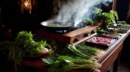 A vibrant kitchen scene showcasing fresh vegetables and meats arranged beautifully on a rustic table, with steam rising from a pan, emphasizing culinary art.の素材